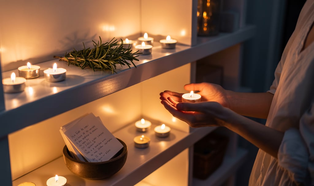 a woman holding a lit candle in a room with candles