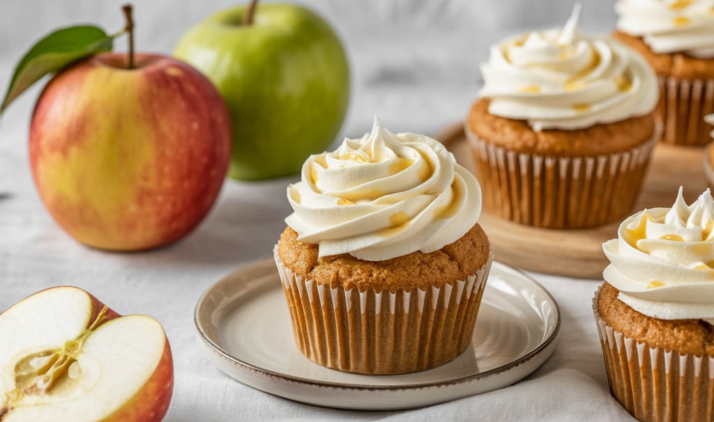 a table with a plate of cupcakes and apples