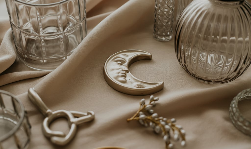 a table with a lot of glassware and a crescent shaped object