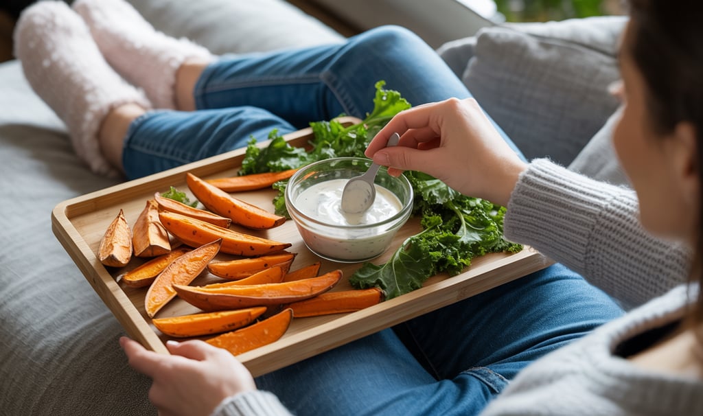 a person sitting on a couch with a tray of food