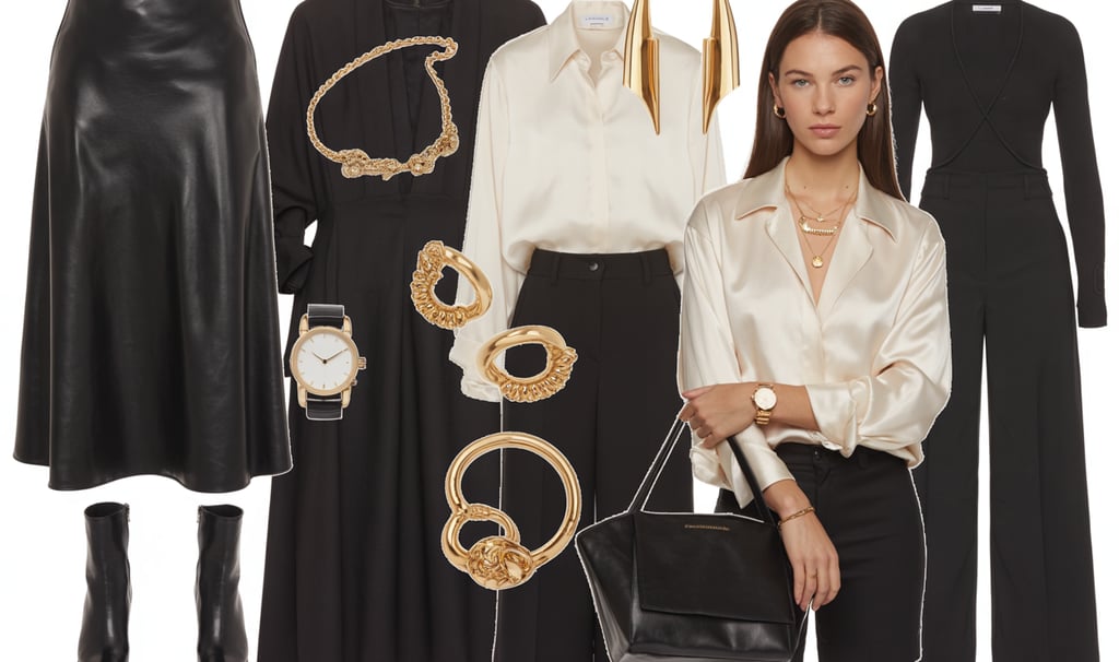 Elegant collection of black and cream designer clothing, leather accessories, and gold statement jewelry.