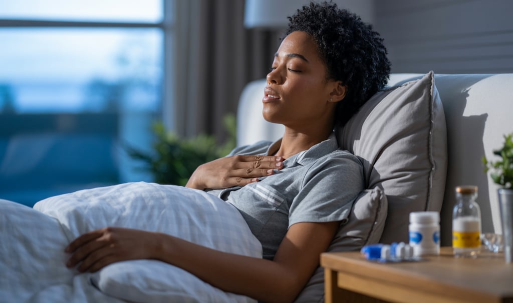 A sick woman resting in bed with medicine on a nightstand to treat cold and flu symptoms.