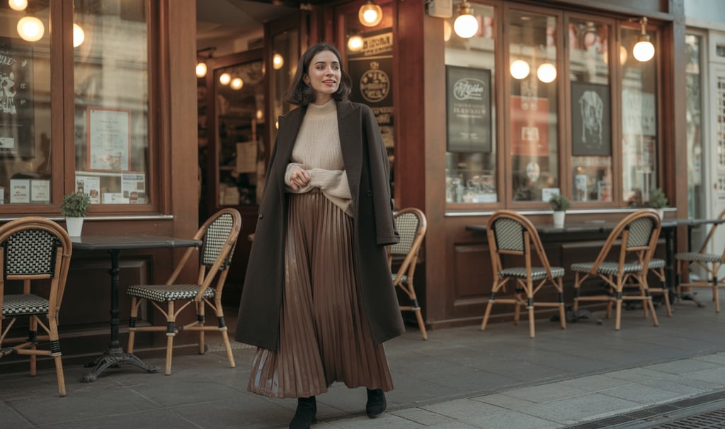 a woman in a long skirted skirted skirt and a long coat