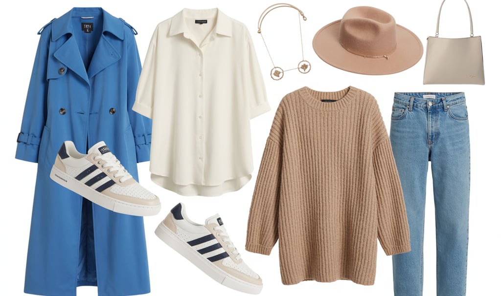 Stylish blue trench coat flat lay with a beige sweater, jeans, white sneakers, and a tan fedora hat.