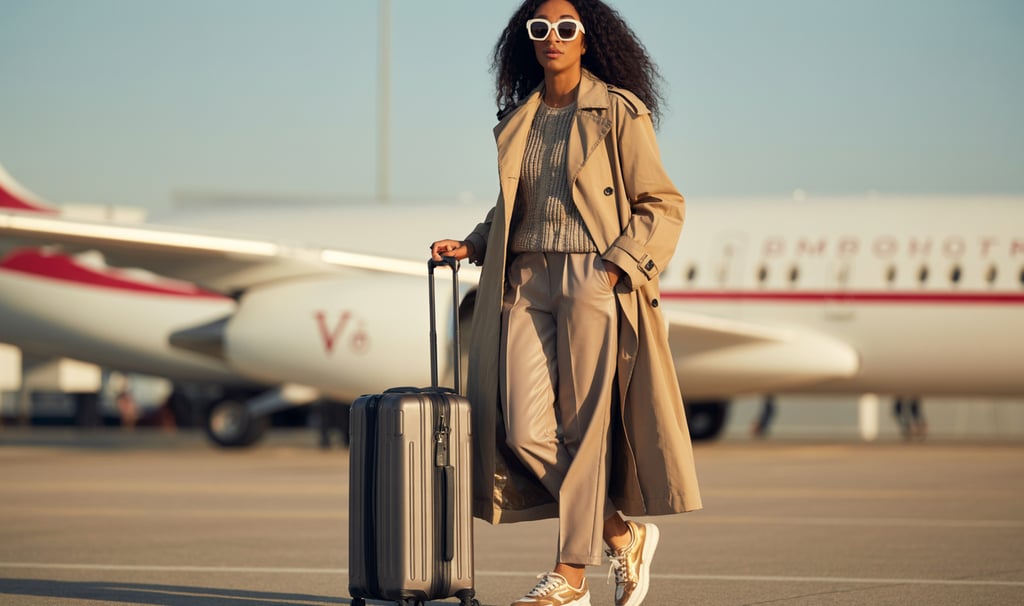 A stylish woman in a beige trench coat stands with a suitcase on an airport runway by a private jet.