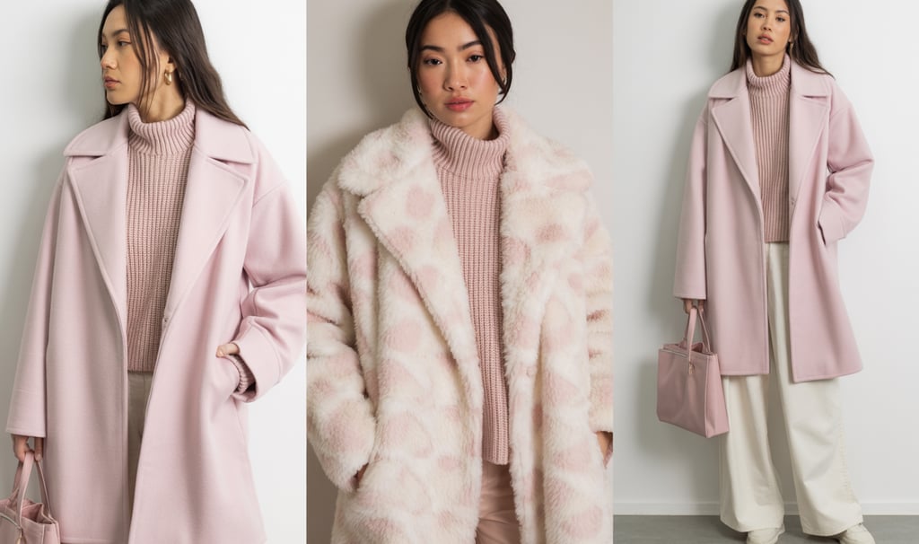 a woman in a pink coat and white pants