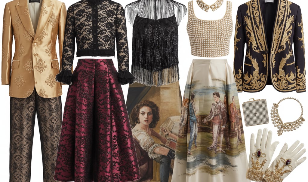 Elegant collection of baroque style fashion pieces including a gold blazer, black lace tops, and a printed renaissance skirt.