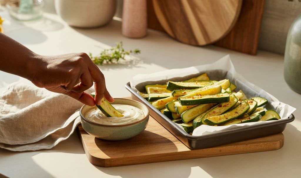 a person is putting a slice of zucchini on a tray of zucchi