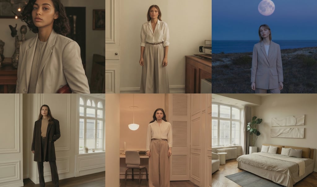 Models wearing neutral minimalist fashion including blazers and wide-leg trousers in aesthetic interiors.