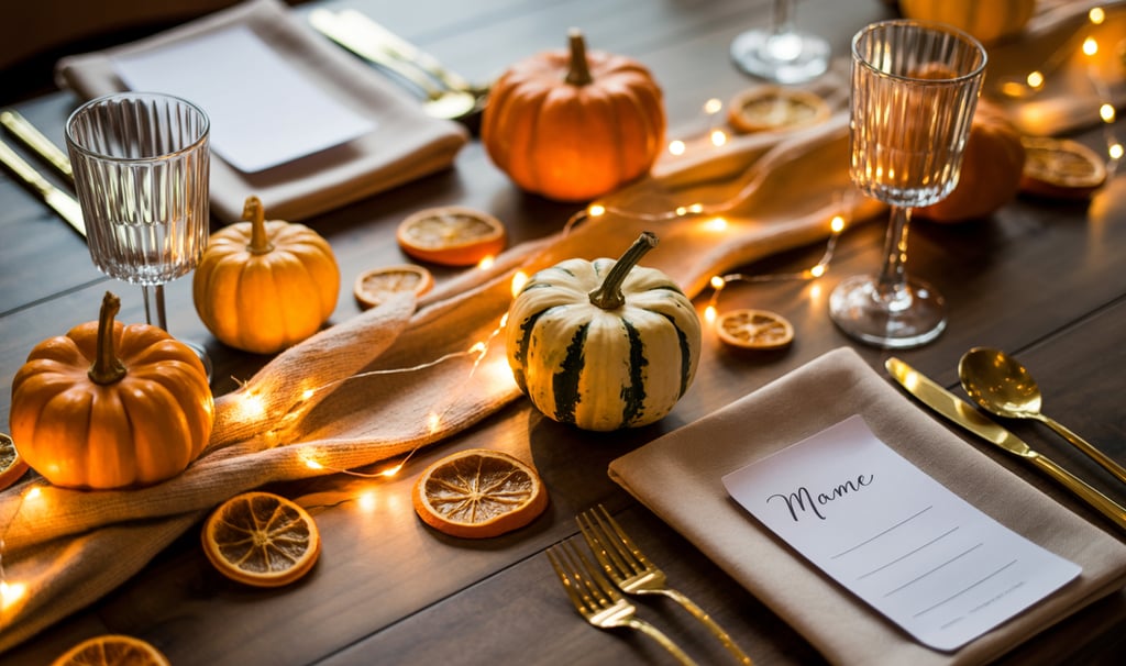 a table with a place setting for a thanksgiving dinner