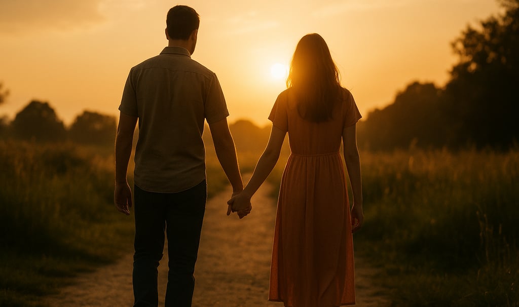 Casal caminhando de mãos dadas ao pôr do sol, simbolizando a união em amor e propósito diante de Deu