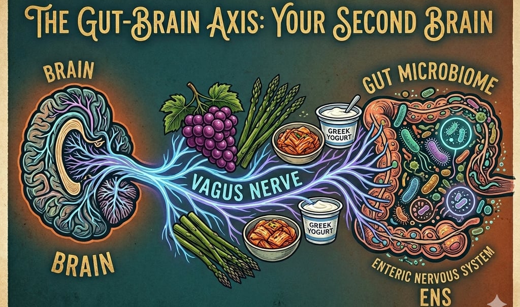 "A horizontal scientific illustration of the Gut-Brain Axis. On the left, a detailed diagram of the 