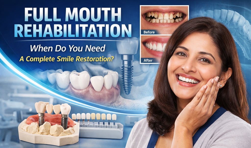 Full mouth rehabilitation smile restoration concept showing dental implants, before and after teeth
