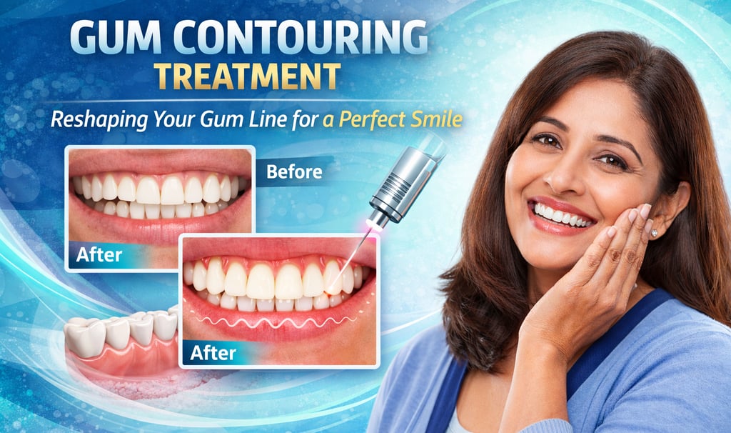 Gum contouring treatment illustration showing laser gum reshaping, before and after gummy smile.