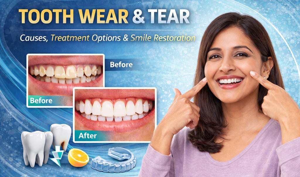 Tooth wear and tear treatment concept showing before and after teeth restoration and a smiling woman