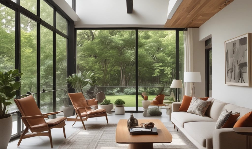A room with a desk, chair and a potted plant