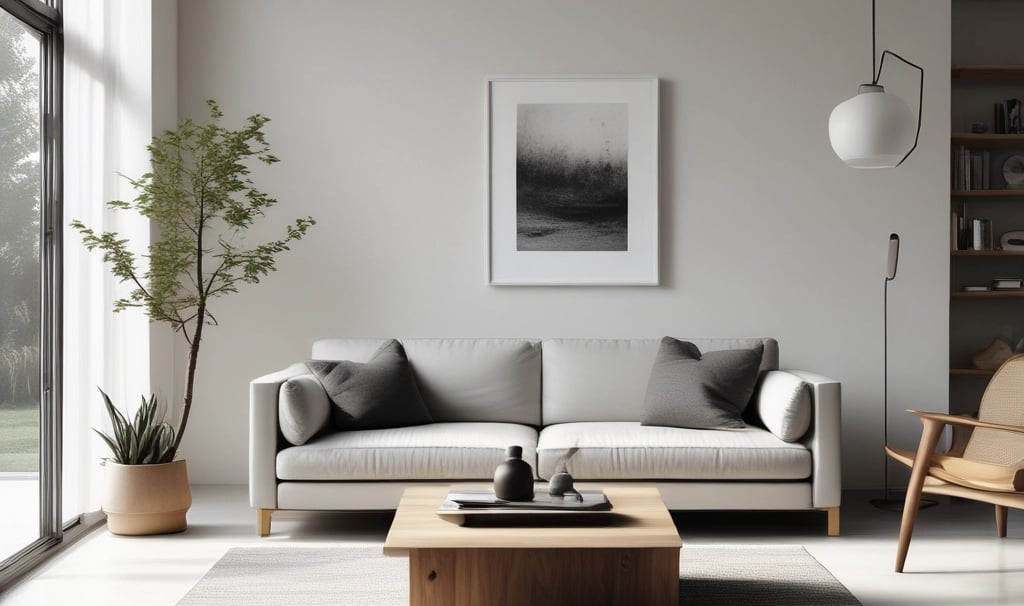 A couch with pillows and artwork on the wall.
