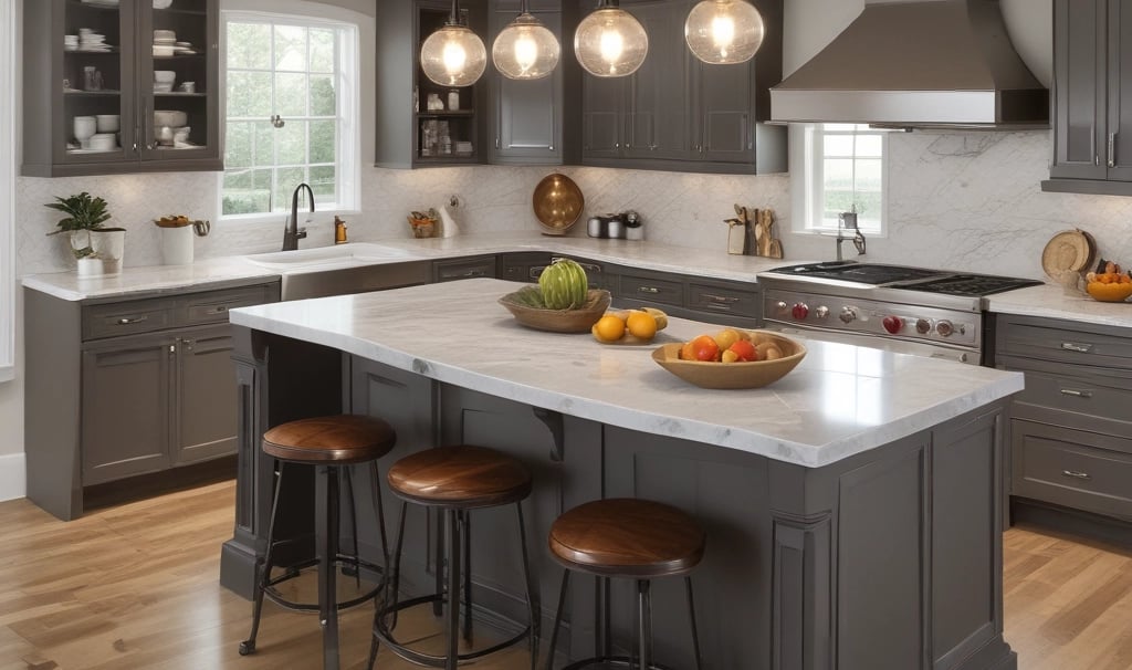 A modern kitchen with light wood countertops and island.