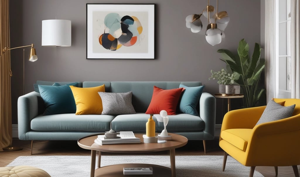 living room with gray sofa and brown wooden coffee table