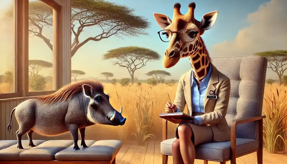 a giraffe and a wild boar in a chair