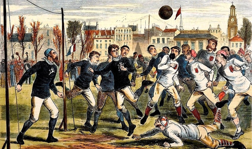 a painting of a group of men playing a game of football