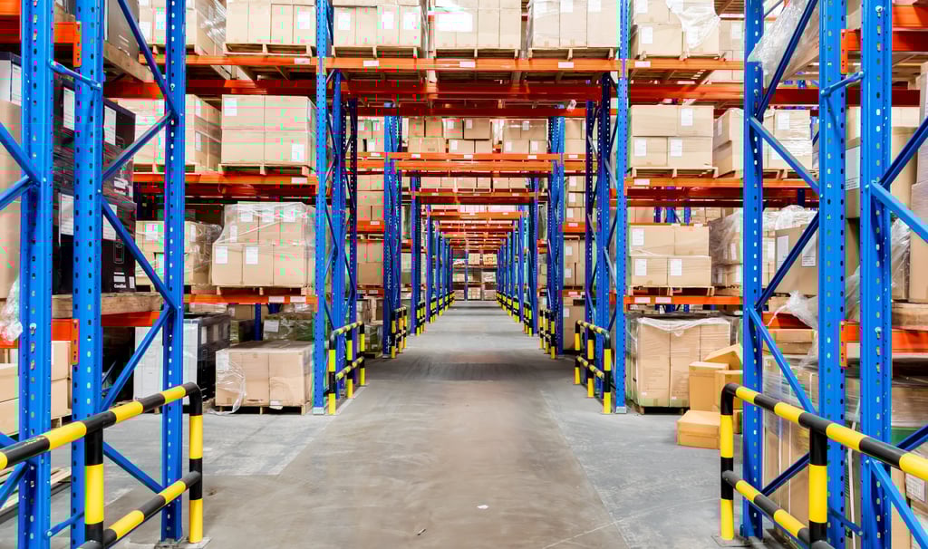 runs of pallet racking with bridge bays for forklift access