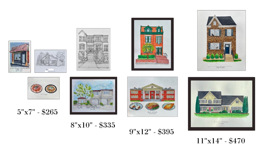 Custom architectural house portraits and venue illustrations displayed in various frame sizes and pricing.