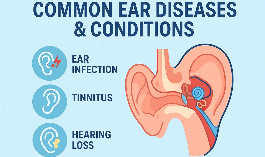 Common ear diseases and conditions including otitis media, tinnitus, hearing loss