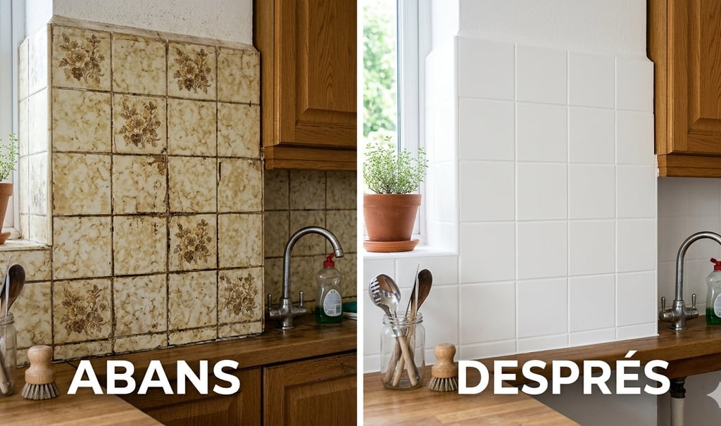 Before and after comparison of old floral kitchen tiles painted with white tile paint.