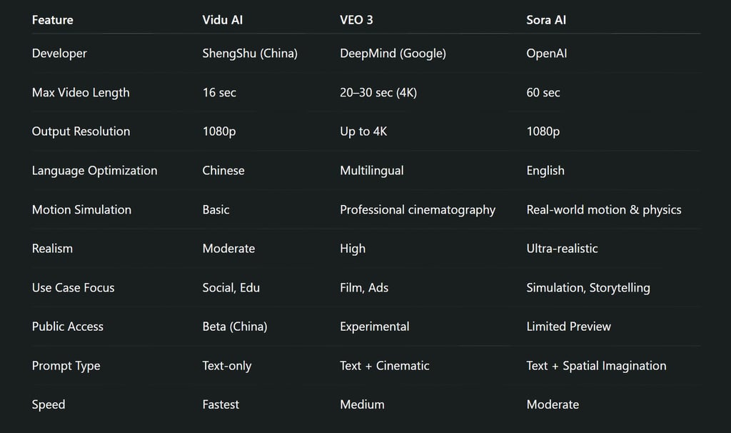 Comparative Table: Vidu AI vs VEO 3 vs Sora AI