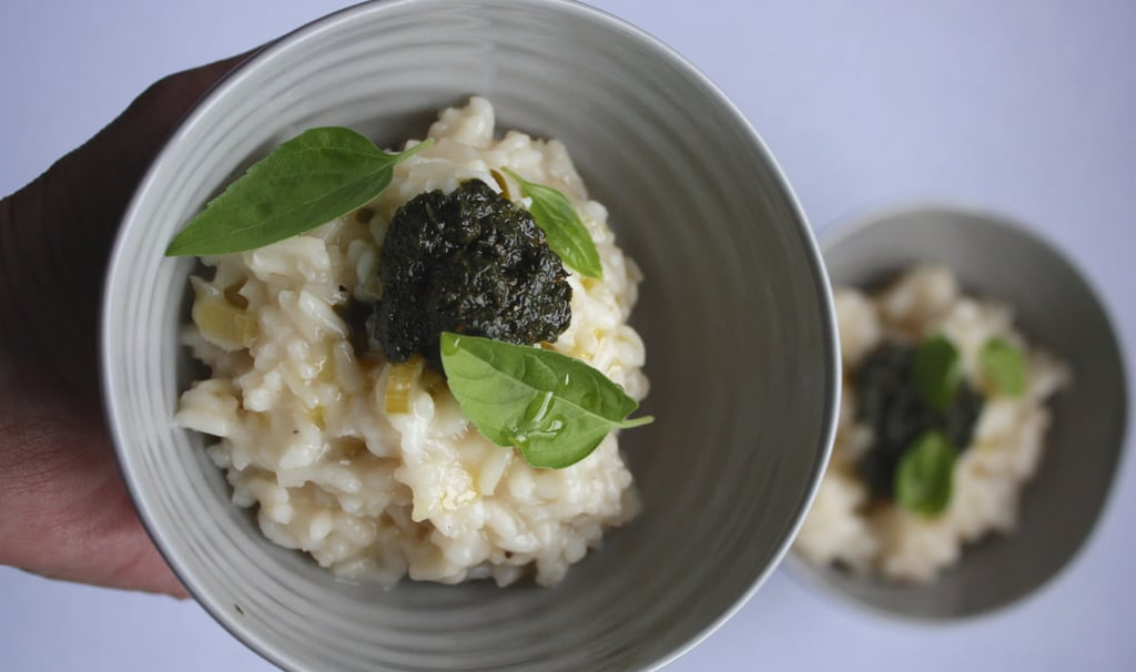 white risotto with basil pesto
