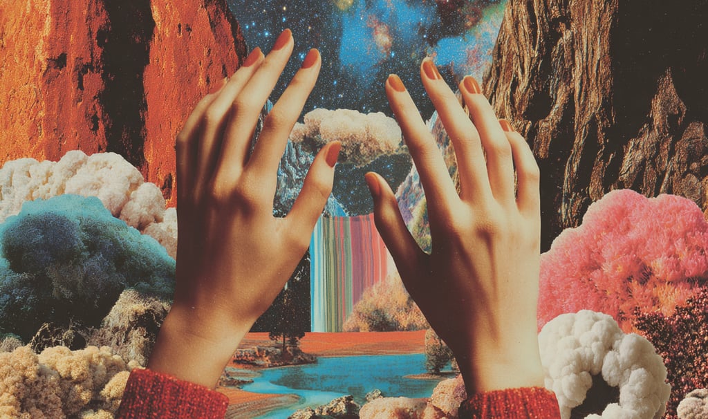 Hands touching different textures.