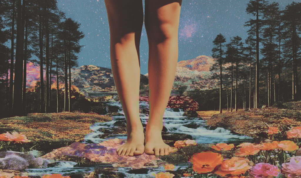 Barefoot woman grounding in nature. 