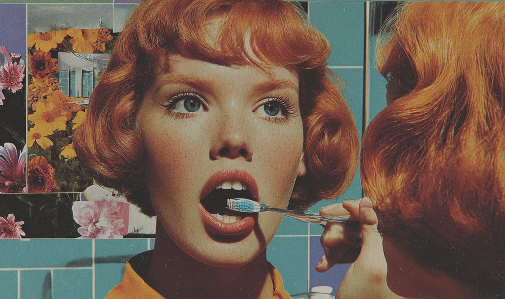 Woman brushing her teeth while looking at herself in the mirror.