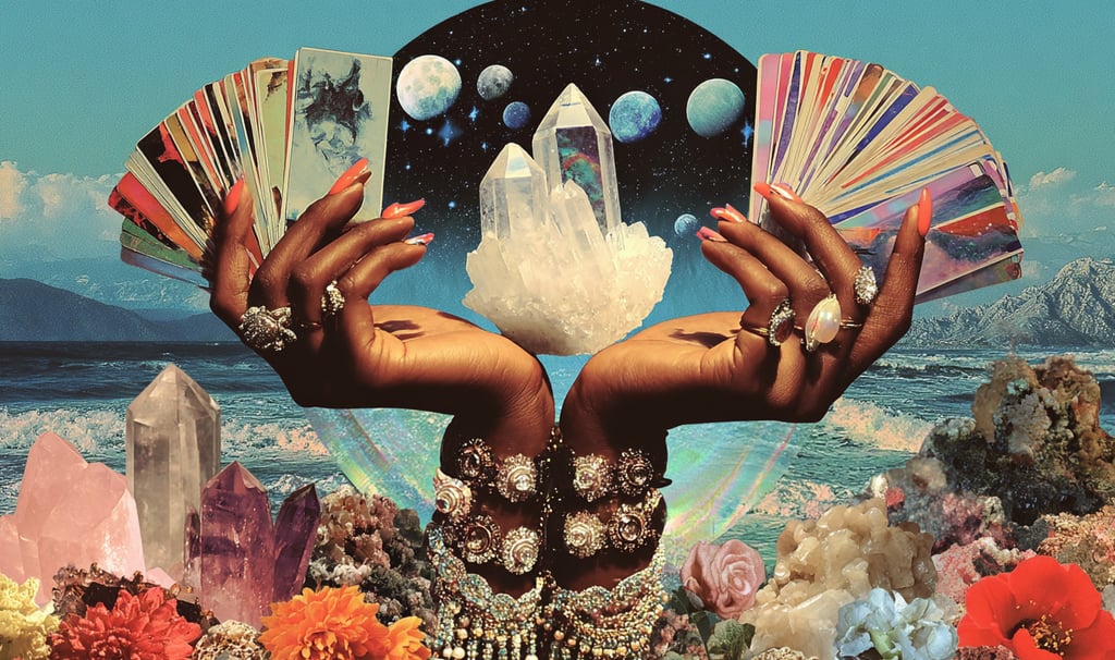 Hands holding oracle cards and a crystal
