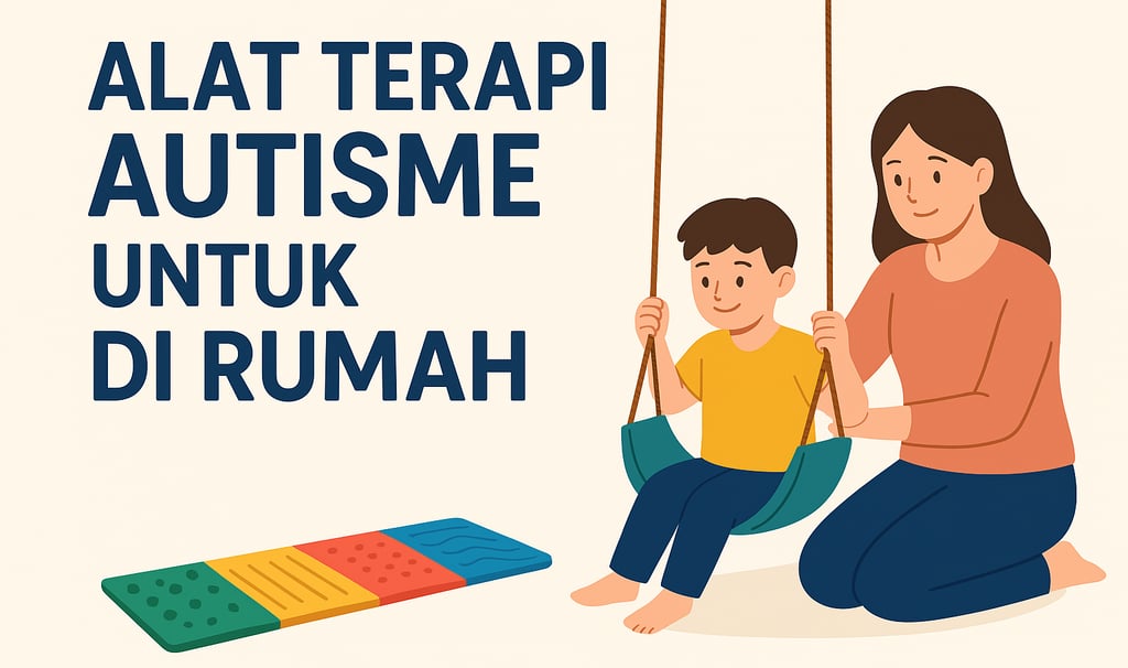 Ilustrasi anak autisme bermain ayunan terapi di rumah dibantu ibu, dengan tactile path berwarna untuk stimulasi sensorik.
