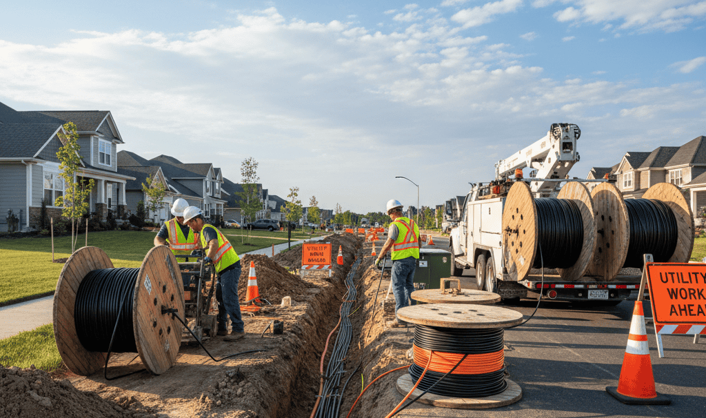 Construction Workers Laying Fiber Optic Cables