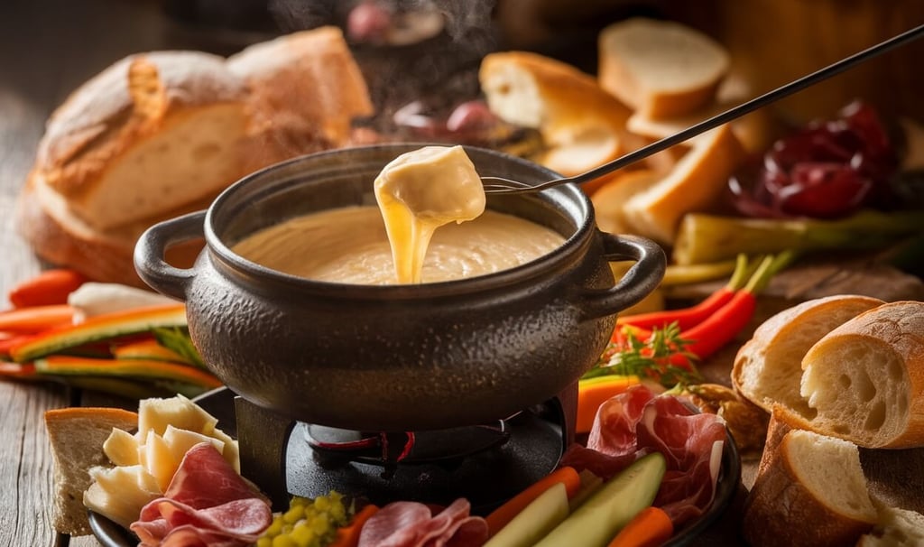 creamy Parmesan fondue with cold cuts and bread