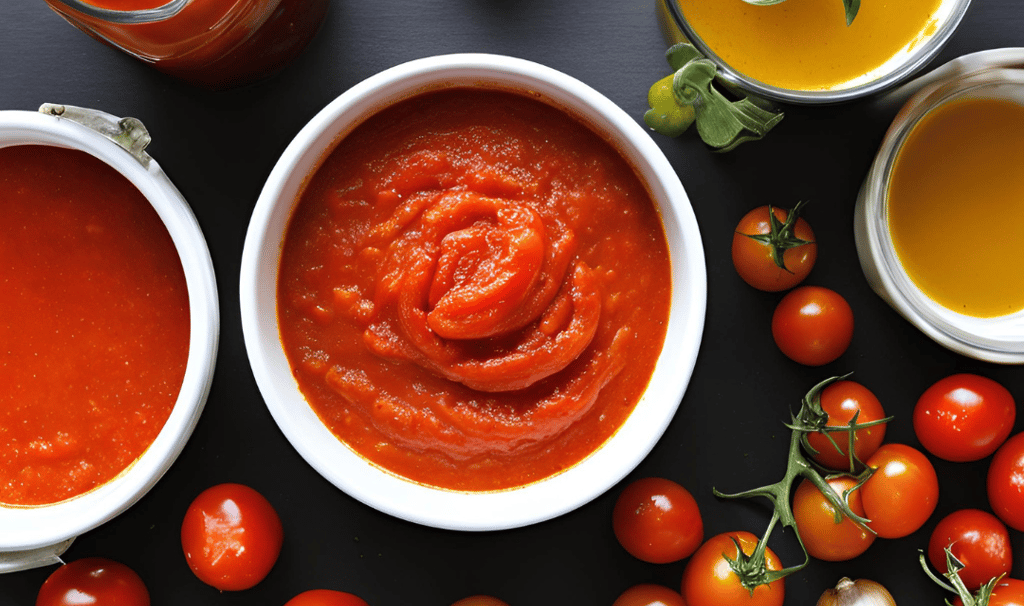 a table with tomatoe sauce and sauces in jars and bowls
