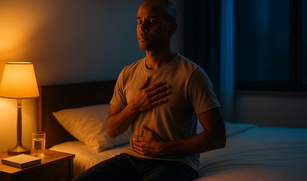 Pessoa sentada, mão no peito e abdômen, luz âmbar quarto fresco