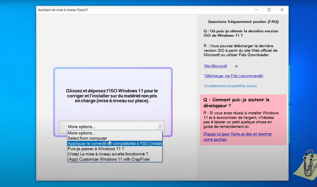 Sélection de l'image ISO de Windows 11 dans FlyBy11 pour lancer l'installation