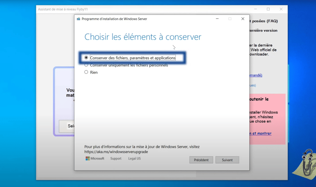 Choix de l'option 'Conserver mes fichiers, applications et paramètres' lors de l'installation de Win