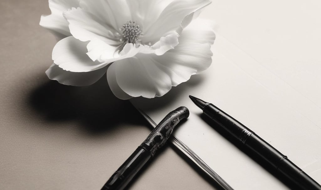 A minimalist desk scene with scattered torn paper fragments and a soft shadow of a mirror frame.