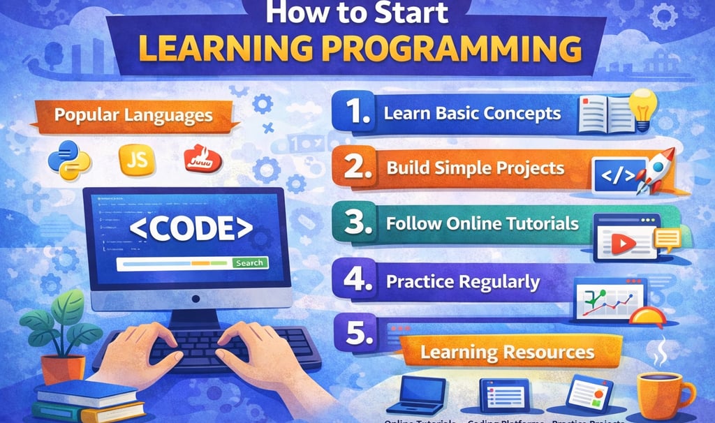 Infographic showing how to start learning programming with steps like learning basic concepts, build