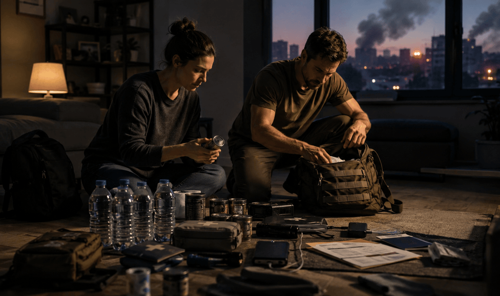 A couple packs an emergency survival kit with water and canned food during a city disaster.