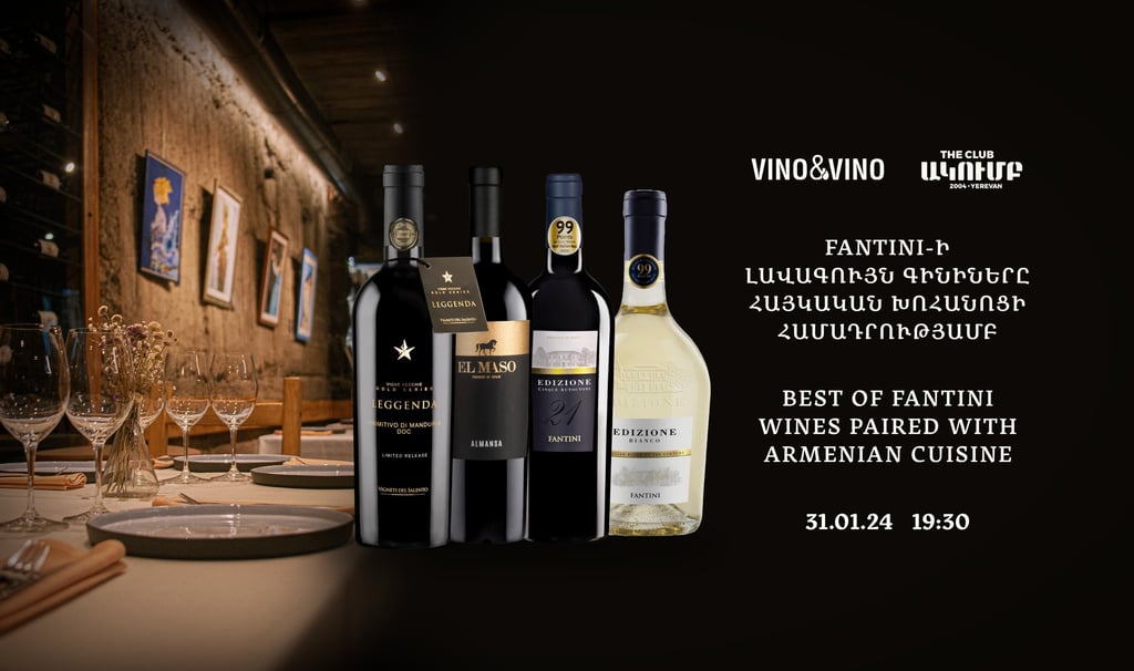 Selection of Fantini wines displayed for a wine tasting and food pairing event with Armenian cuisine.