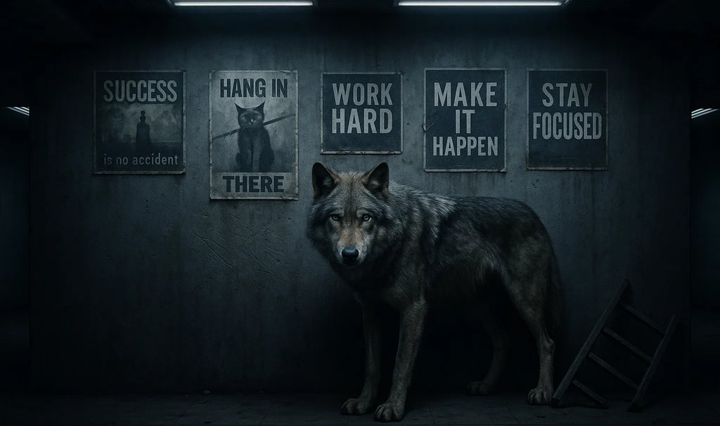 a wolf standing in a dark room with posters on the wall