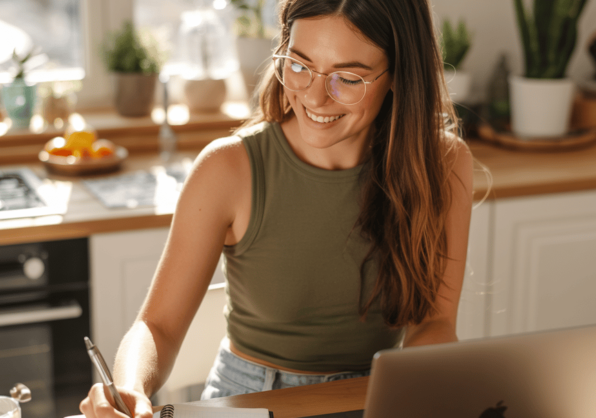 a woman sitting at a table with a laptop and a notebook
