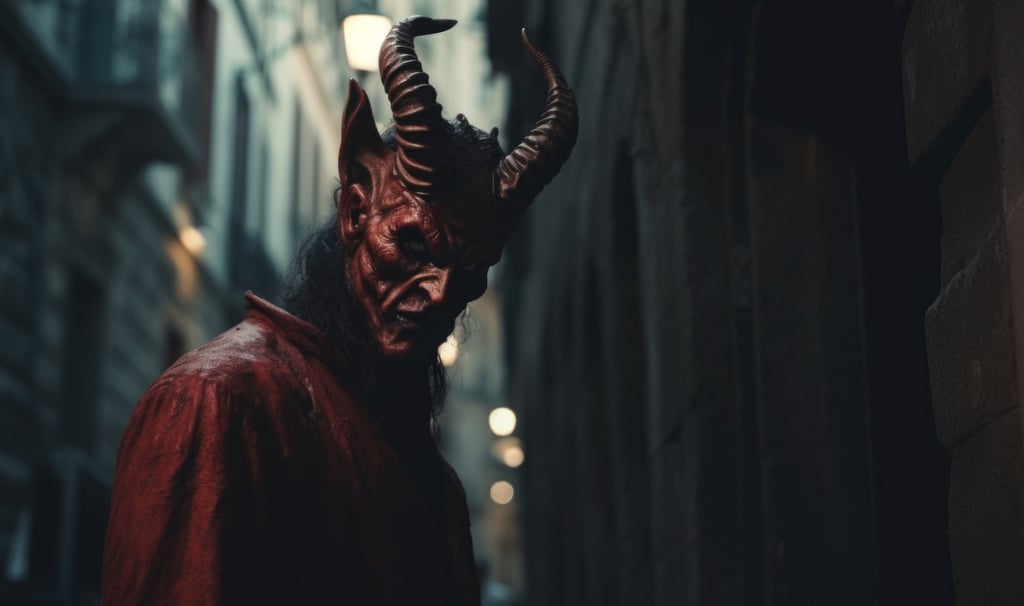 a man in a red devil mask and a devilish face