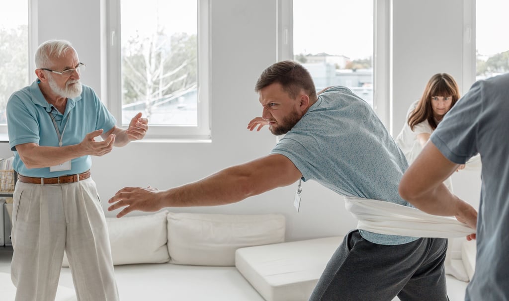 a man and woman holding engry man